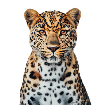 A striking portrait of a regal leopard captivates with its mesmerizing gaze, showcasing the animal's exquisite spotted coat, and powerful physique in a studio-quality shot.