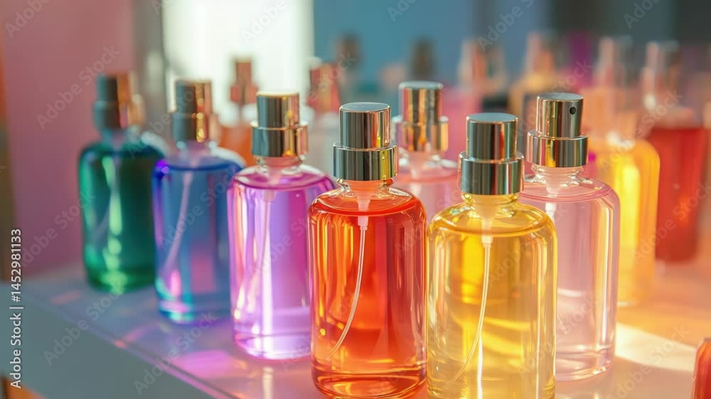Poster a collection of perfume bottles displayed on a table, great for showcasing scents or as a decorative