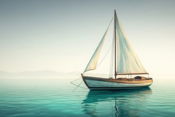Fototapeta premium A small sailboat glides serenely across calm, turquoise waters under a hazy sky.