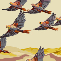 Fototapeta premium A vibrant tribal-style illustration of budgerigars soaring over a desert landscape, blending indigenous motifs with dynamic avian forms.
