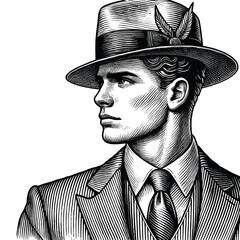 Black and White Engraving of a Dapper Man in Classic 1920s Attire with Fedora Hat, drawn in an engraved, woodcut style with fine details sketch engraving vector illustration. 