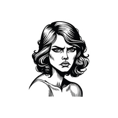 Hand-Drawn Portrait of a Woman with Intense Expression, drawn in an engraved, woodcut style with fine details sketch engraving vector illustration. Scratch board imitation. Black and white image. 