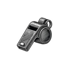 Hand-Drawn Illustration of a Whistle in Black and White, drawn in an engraved, woodcut style with fine details sketch engraving vector illustration. Scratch board imitation. Black and white image. 