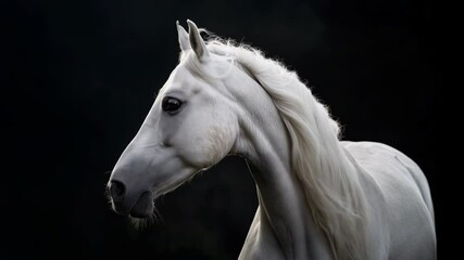 Portrait of a white horse on a black background.