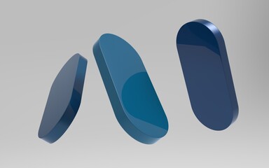 Three blue glass shapes vertically aligned, overlapping 3D ellipses in grey, minimalist design.