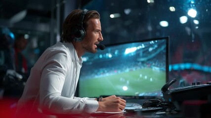Professional broadcaster commentating on a sporting event inside a glass booth during an event, wearing headphones, white shirt and wrist watch