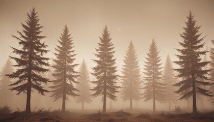 Fototapeta premium Mysterious misty fir trees, faded sepia tones, retro vibe, forest, mist, mountain