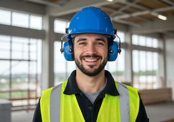 A happy construction worker with a blue hardhat and ear protection smiles in a brightly lit construction area, promoting safety and job satisfaction.