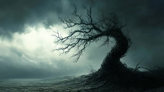 Twisted Fate: A Dark, Brooding Landscape with a lone, gnarled tree under a stormy sky