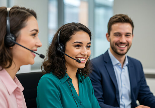 A smiling support team, including two women and one man, wearing headsets ready to assist with professional customer service solutions today now.