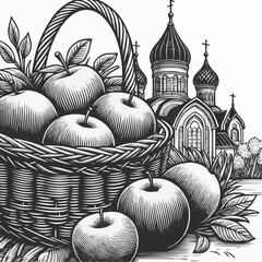 Basket of apples in front of a church, symbolizing Apple Saving Day and abundance