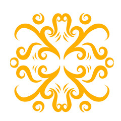 Symmetrical golden flourish design on dark backdrop evokes antique artistry