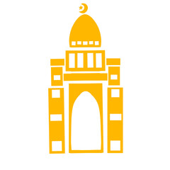 Golden depiction of a religious edifice silhouette against a stark black backdrop