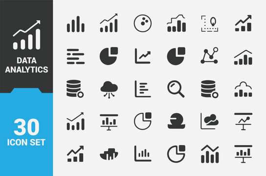 Vector Illustration of 30 Minimalist Data Analytics Icons Featuring Charts, Graphs, Databases, and Cloud Storage for Business Intelligence and Digital Insights