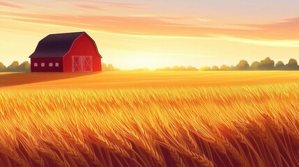Red Barn in Golden Wheat Field at Sunset