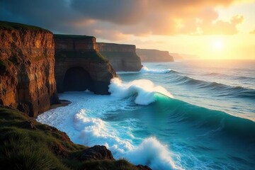 Dramatic cliffs, crashing waves, sun-drenched sky, shoreline, water