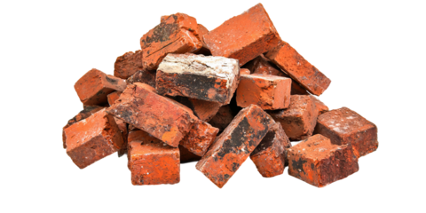 Pile of Red Bricks: A close-up shot of a pile of discarded red bricks, showing texture and variation in color and condition.