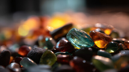 A nigh up of artisanal spyglass stones in various shapes and colors.