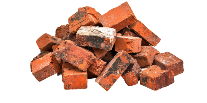 Pile of Red Bricks: A close-up shot of a pile of discarded red bricks, showing texture and variation in color and condition.