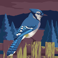 A vibrant Blue Jay perched gracefully on a weathered wooden fence, showcasing its striking plumage against a rustic backdrop.