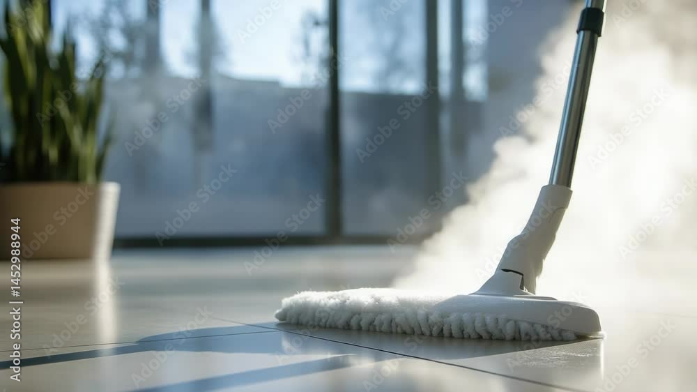 Poster a detailed view of a mop on a tile floor, ideal for use in cleaning or maintenance scenarios
