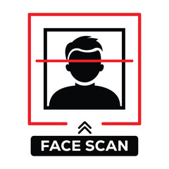 Minimalist face scan icon: red-bordered square with stylized head silhouette, horizontal scan line, upward arrow, and 
