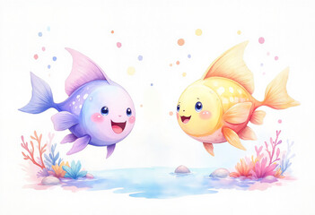 Cute animated fish swimming joyfully in a vibrant watercolor pond  