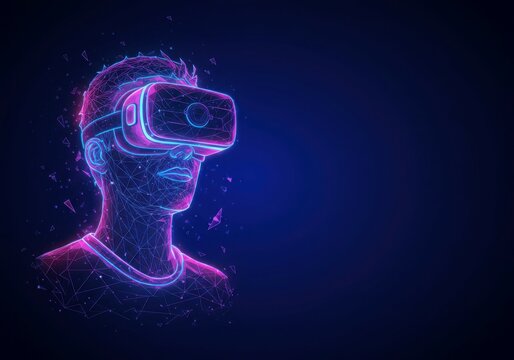 3D VR headset design with a polygonal figure wearing VR glasses, surrounded by particles and neon light. - Powered by Adobe