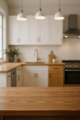 Fototapeta premium Modern Kitchen Interior With Wooden Countertop and White Cabinets During Daylight