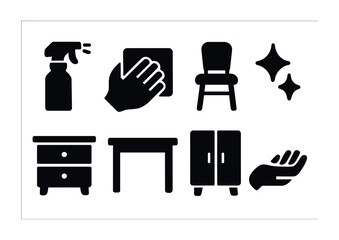Home cleaning silhouette icons set – flat, filled, housekeeping symbols