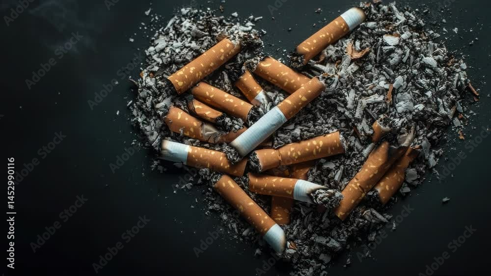 Poster a creative arrangement of cigarettes forming a heart shape, with no other objects or people in sight