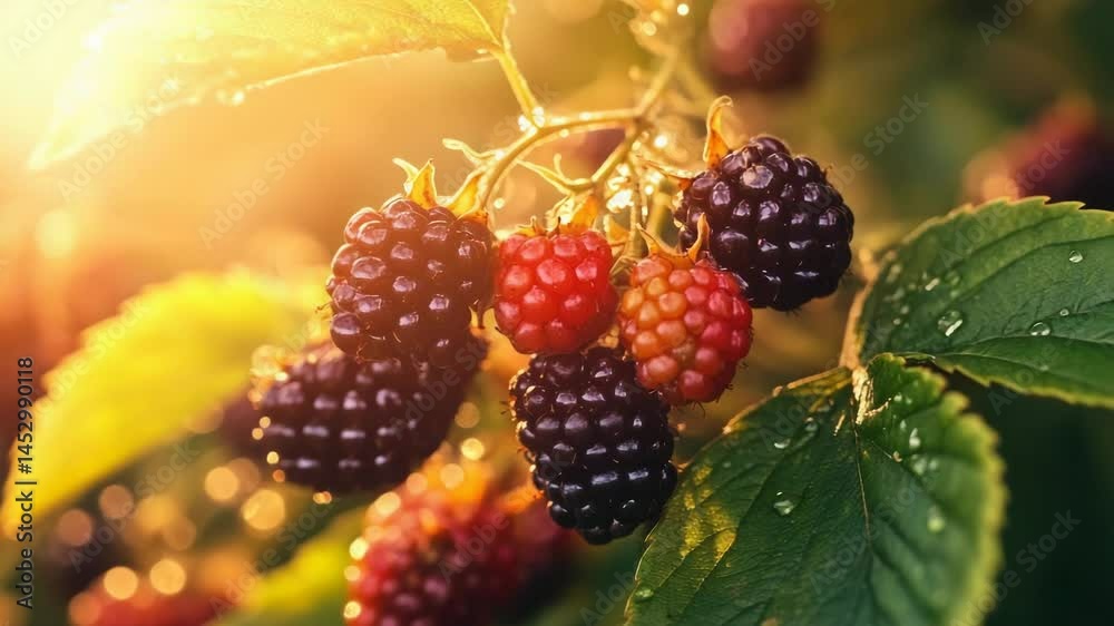 Poster a detailed view of ripe berries growing on a tree branch