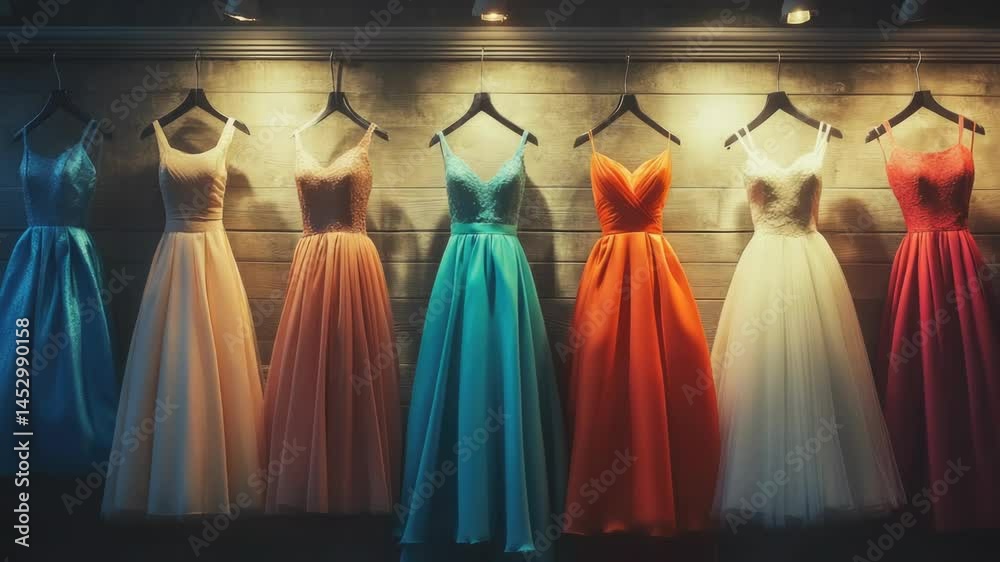 Poster a collection of dresses displayed on a wall with clothespins and hooks