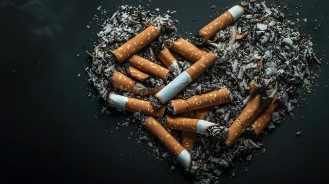 A creative arrangement of cigarettes forming a heart shape, with no other objects or people in sight