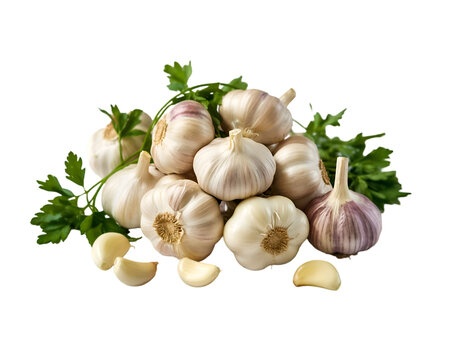 A pile of garlic bulbs and cloves with fresh parsley sprigs on a black background in a studio shot - Powered by Adobe