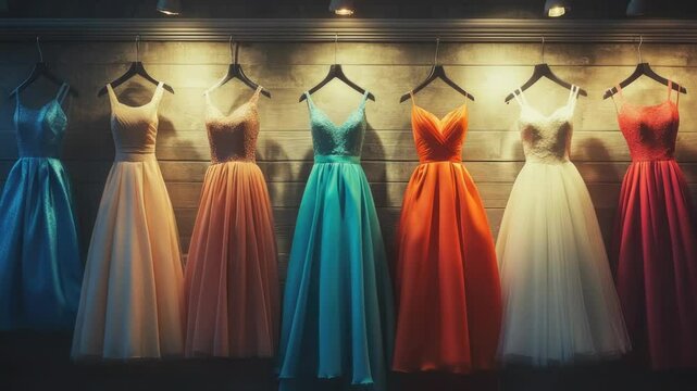 A collection of dresses displayed on a wall with clothespins and hooks