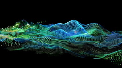 Abstract technology wave of particles. Big data visualization. Dark background with motion green lines. Artificial intelligence. 3d rendering.