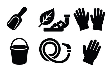 Fototapeta premium Gardening silhouette icons set – solid, tools, horticulture and landscaping symbols