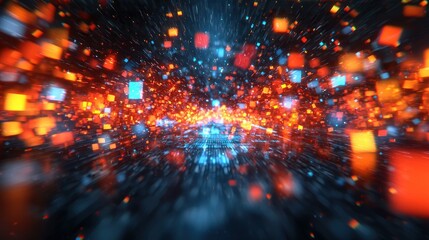 Fototapeta premium Blurry, bright, chaotic array of orange and blue squares