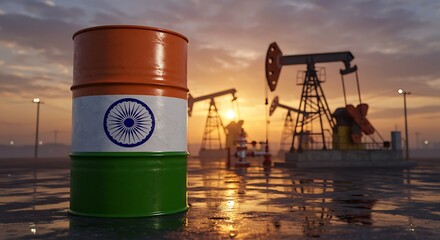 Indian Flag Oil Barrel on Sunrise Oilfield with Pump Jacks and Wet Reflections
