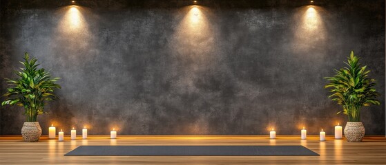 Empty yoga  space with soft lighting and plants.