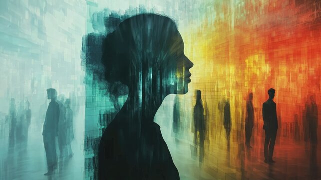 Silhouette figure of a woman among many figures in a vibrant space.