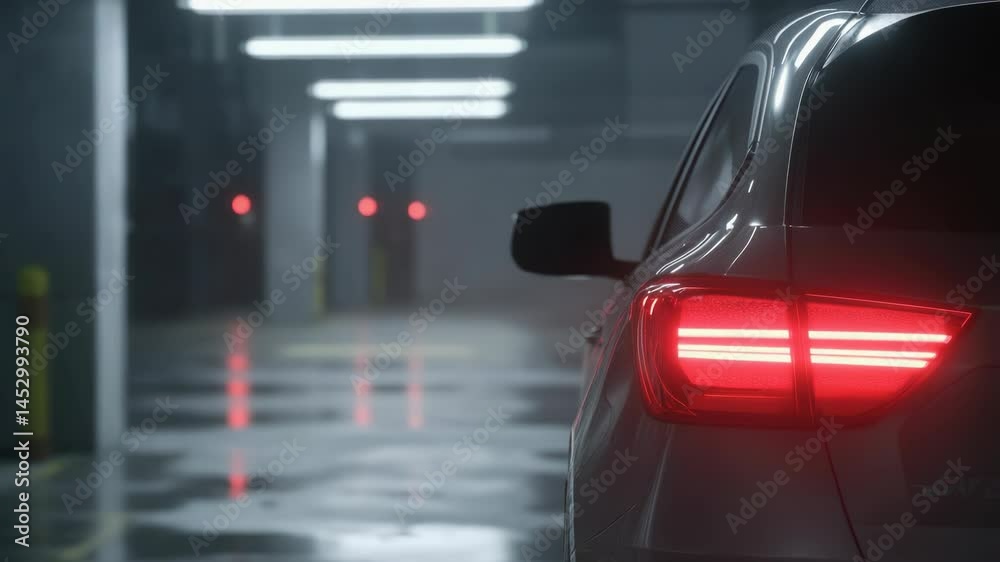 Poster a close-up view of a car parked in a garage, with the surrounding area not visible