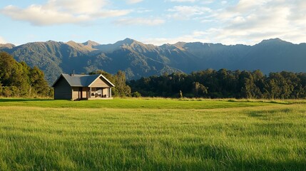 Obraz premium Scenic mountain cabin landscape peaceful green field summer vacation home sky farm view calm wood