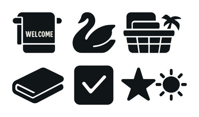 Hotel and hospitality icons set – solid, filled, travel and tourism graphics