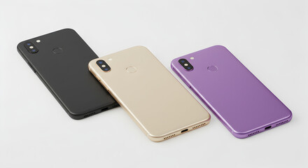 Three smartphones in black gold and purple colors arranged on a white surface in a studio setting