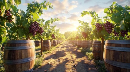 Naklejka premium Vineyard sunset grapes and barrels