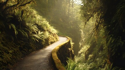 Sunlit Mossy Forest Path Winding Trail