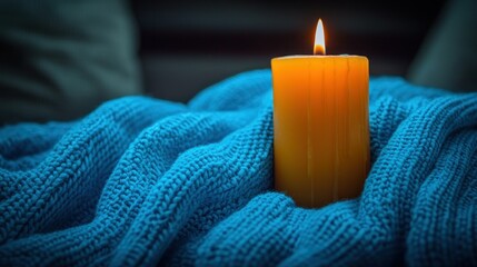 Candle glows on a soft, blue, knitted blanket. Content