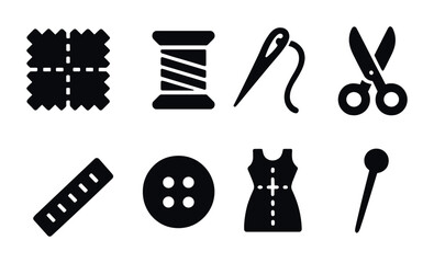 Tailoring and sewing solid icons set – flat, filled, dressmaking and crafting symbols